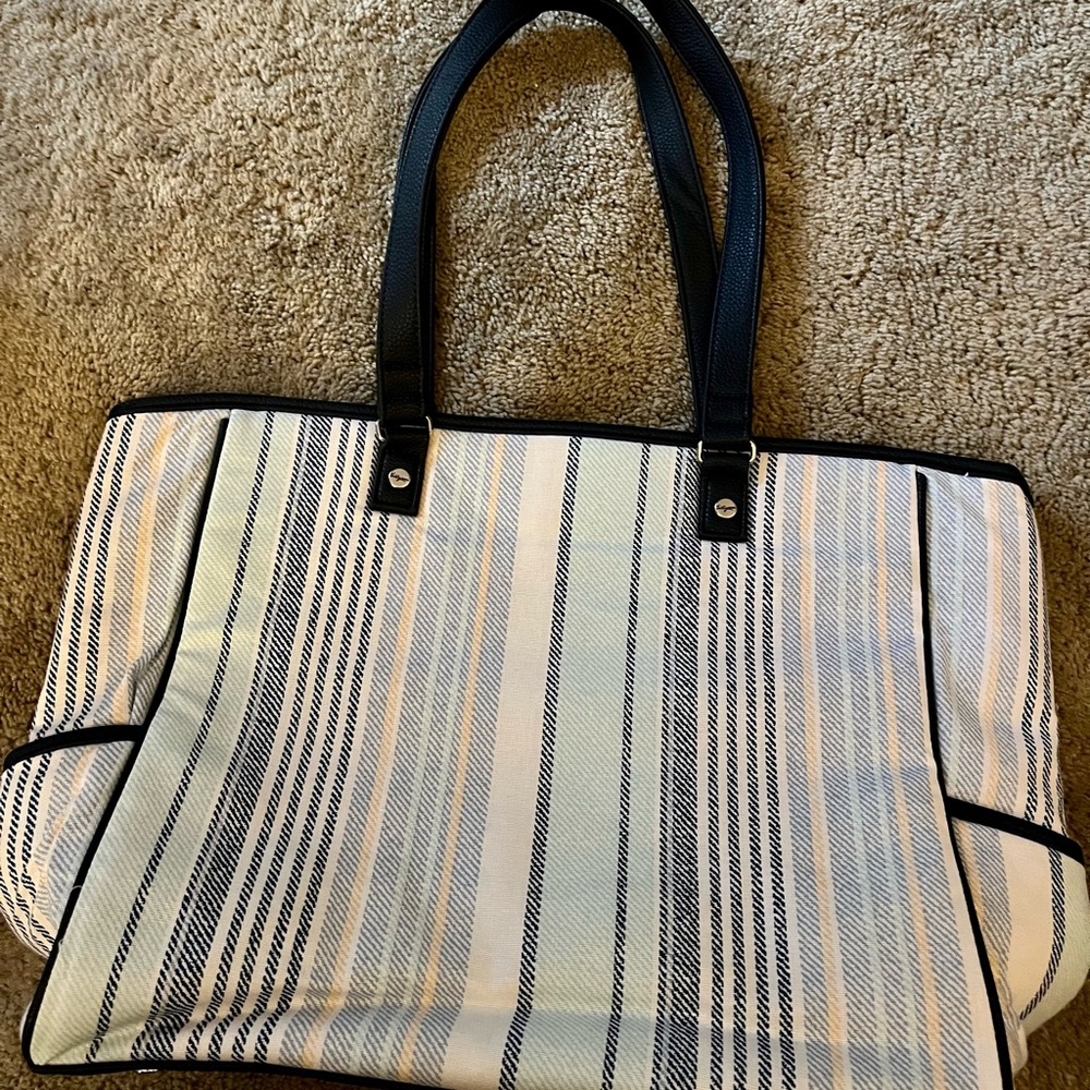Thirty-One Nautical Striped Tote Bag with Leather Handles